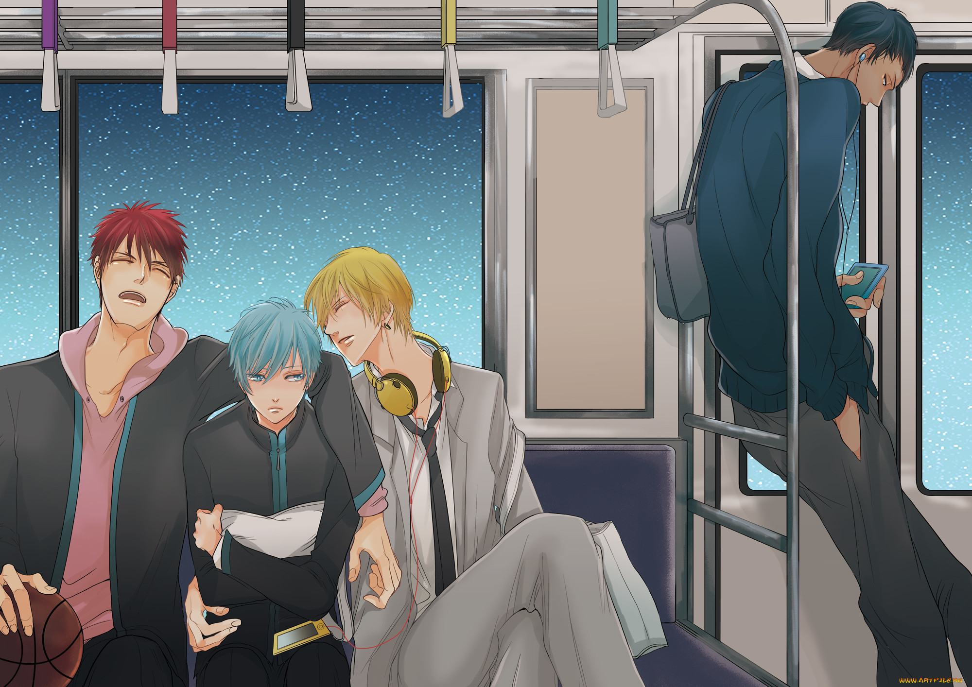 Обои Аниме Kuroko no Baske, обои для рабочего стола, фотографии аниме,  kuroko no baske, aomine, daiki, tetsuya, kuroko, небо, звезды, наушники,  метро, kise, ryouta, вагон, kagami, taiga, парни Обои для рабочего стола,